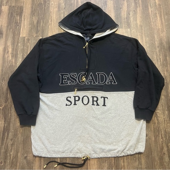 Escada Sport Vintage Bicolor Big Logo 1/4 Zip Hoodie Sweatshirt Activewear L - Picture 6 of 17